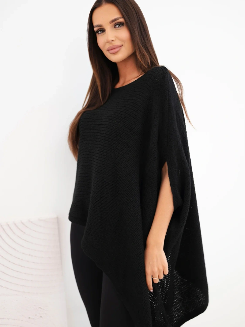 Women's asymmetrical poncho sweater with mohair and wide neckline black