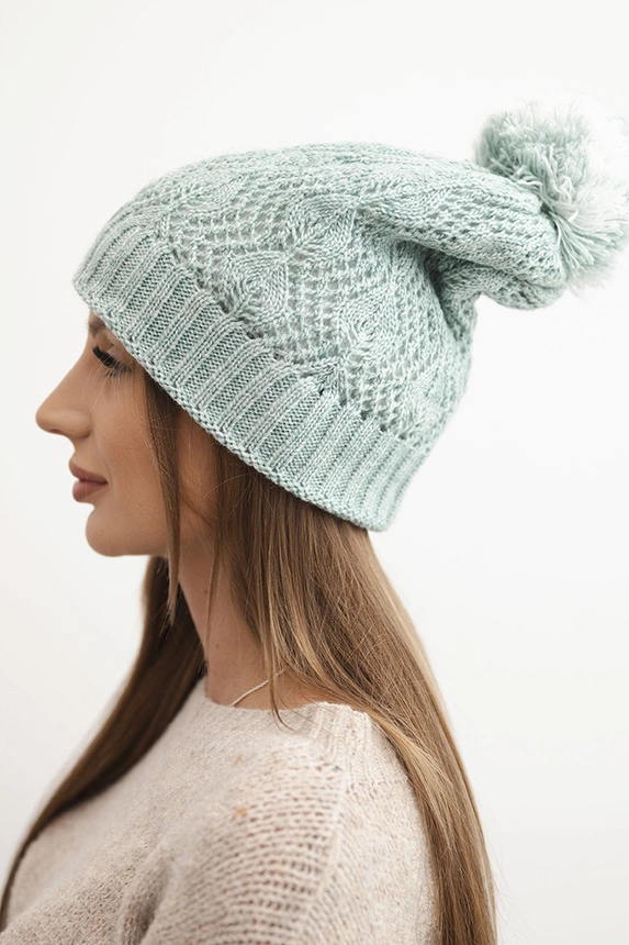 Women's winter hat with decorative knit and pompom K467 dark mint