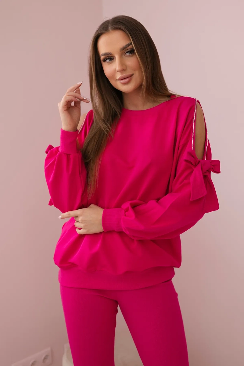 Komplet bluzy z kokardą na rękawach i legginsów fuksja zdjęcie 2