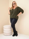 Dámský svetr Plus Size s výstřihem do V a širokým rukávem khaki