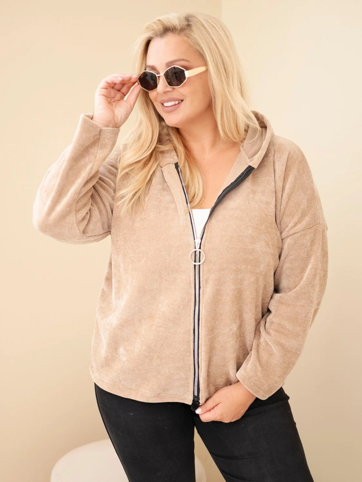 Bluza damska Plus Size sztruksowa z kapturem i zamkiem oversize camelowa