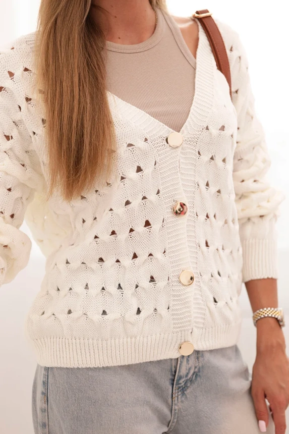 Ladies' openwork sweater with a V-neck and gold buttons ecru