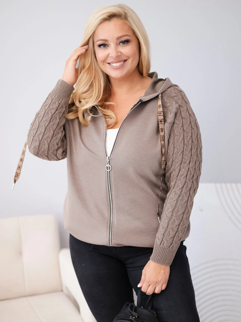 Moteriškas medvilninis džemperis Plus Size su megztiniais rankovėmis ir gobtuvu fango žalia