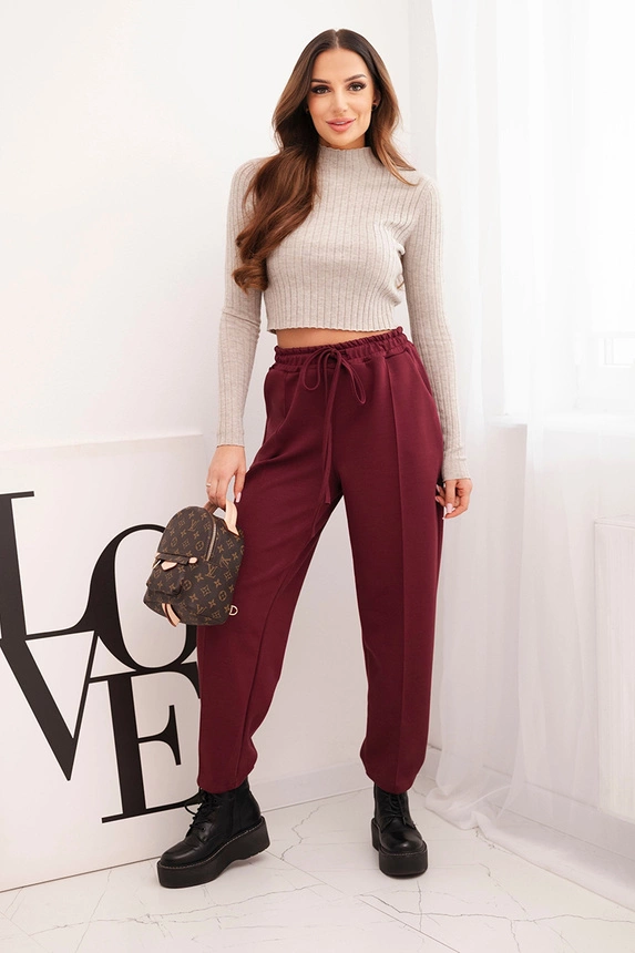 Elegant women's high-waisted trousers with a tie at the waist burgundy