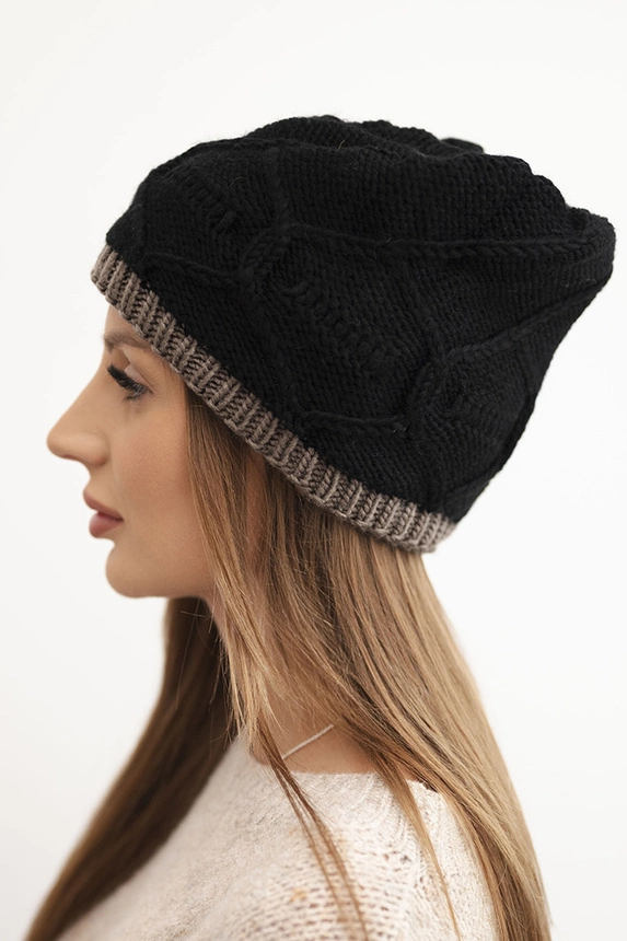 Women's winter hat made of wool with a woven pattern K443 black + cappuccino