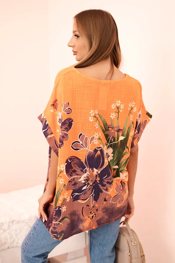 Women's cotton blouse with floral print and short sleeves orange