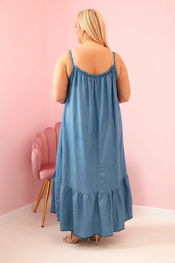 Dámské plus size šaty na ramínka s volánem svetlá rifľovina