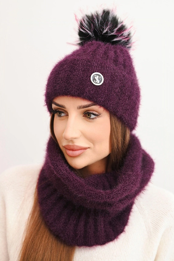 Damen Winterset mit Pompom und Schal pflaume
