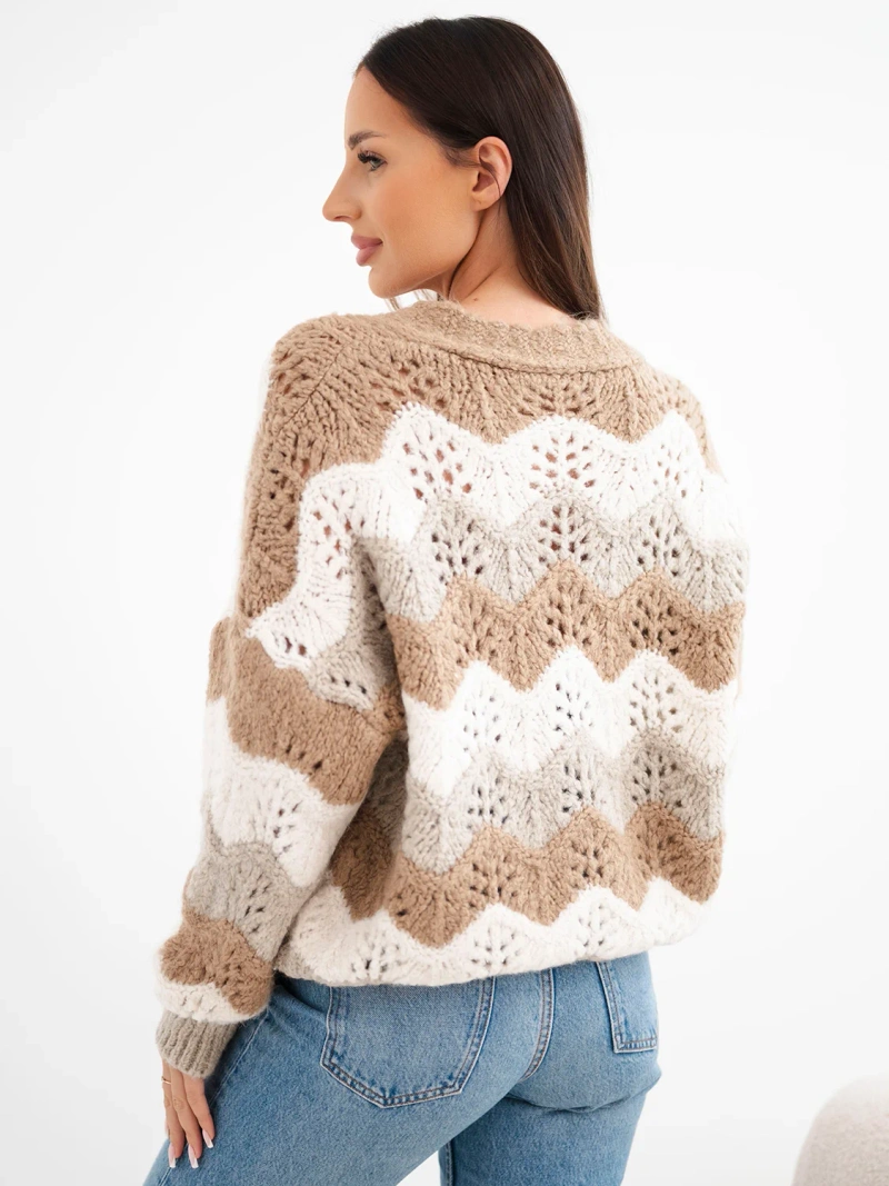 Women's openwork striped cardigan with buttons camel