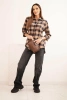 Women's cotton plaid shirt with a longer back camel