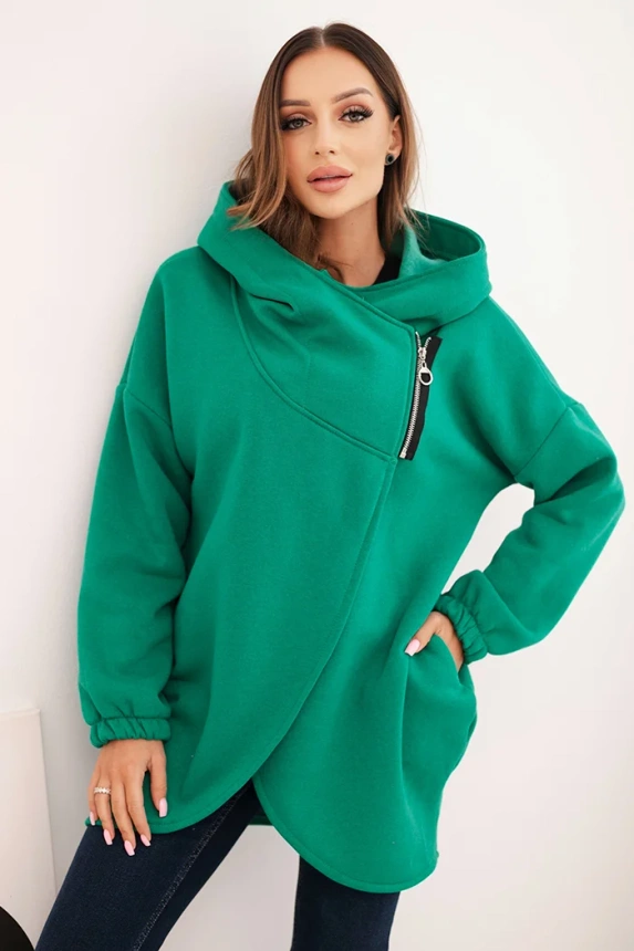 Women's insulated hoodie with an asymmetrical zipper green