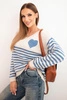 Women's striped sweater with heart, mohair and V-neck, denim color