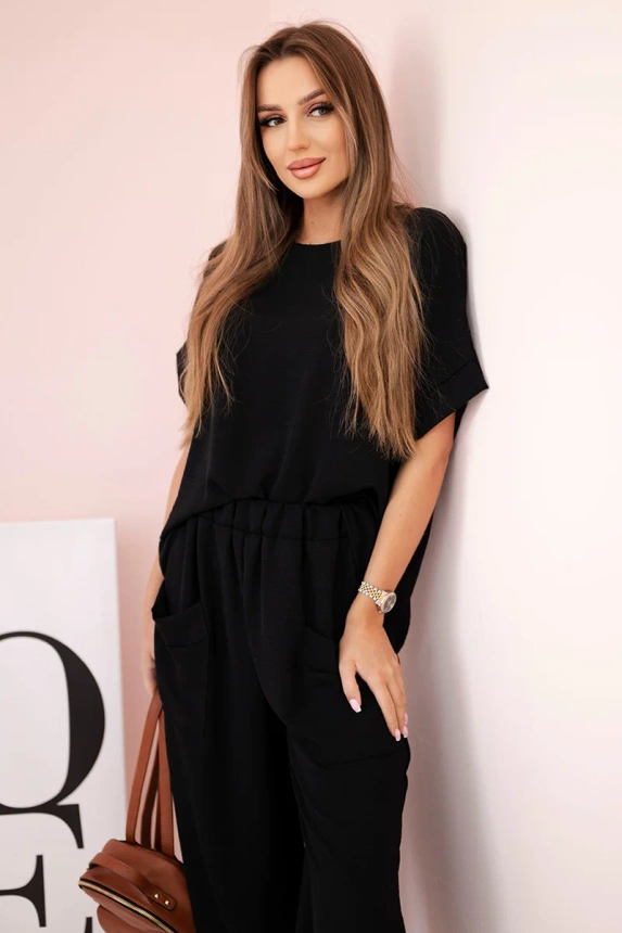 Set aus Viskose Bluse + Hose schwarz