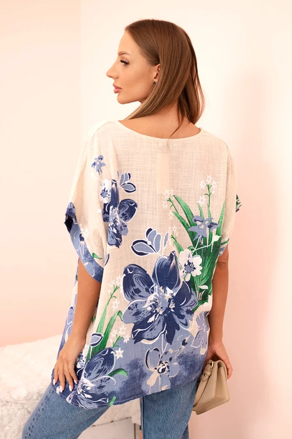 Women's cotton blouse with floral print and short sleeves beige