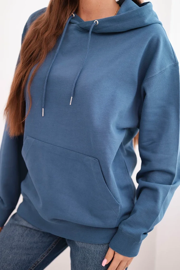 Damen Sweatshirt aus Baumwolle mit Kapuze und Kängurutasche Jeansfarbe