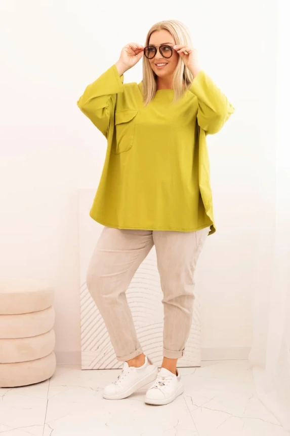Women's Plus Size blouse with cotton, featuring a pocket and rolled sleeves kiwi