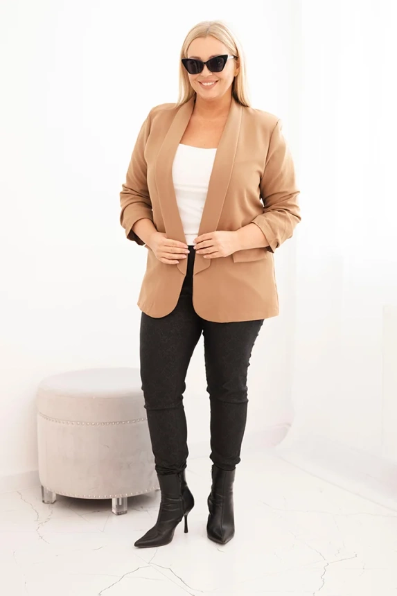 Moteriška švarkas Plus Size be užsegimo su pamušalu XL/2XL kamelinis