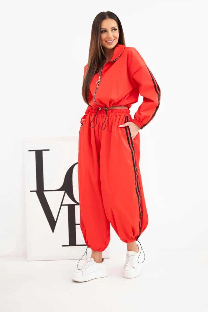 Women's cotton set with oversized trousers and contrasting stripes red