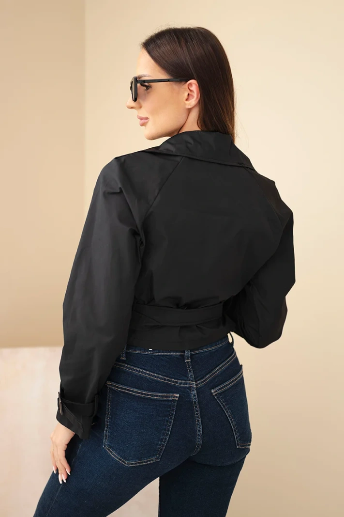 Women's short viscose double-breasted jacket with belt and lapels black