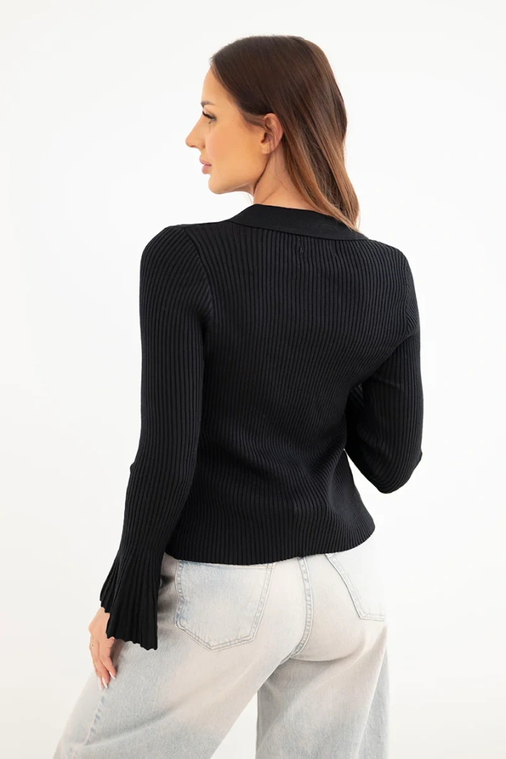 Women's ribbed viscose blouse with collar and wide sleeve black
