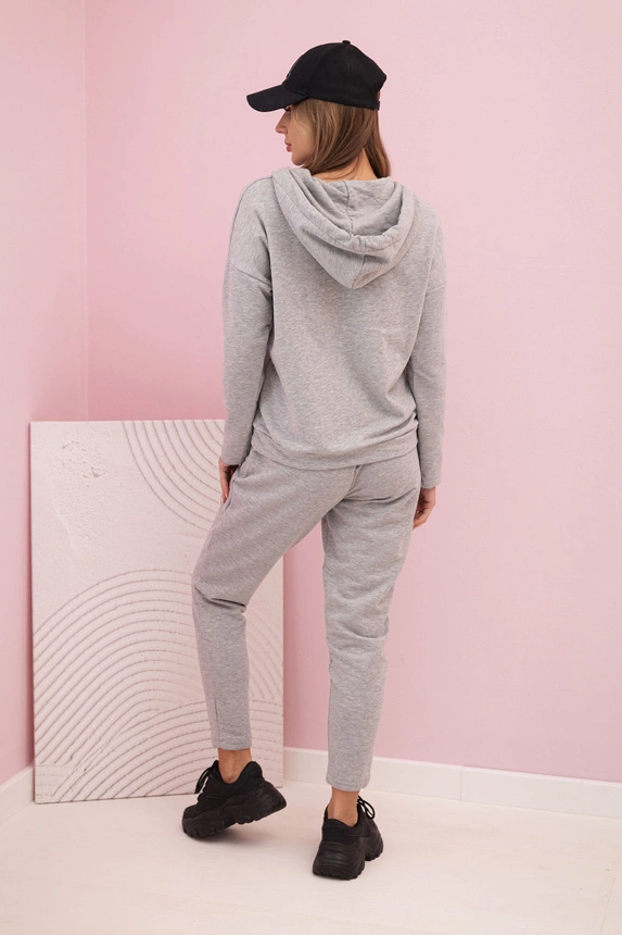 Women's cotton tracksuit set with a hood and print gray