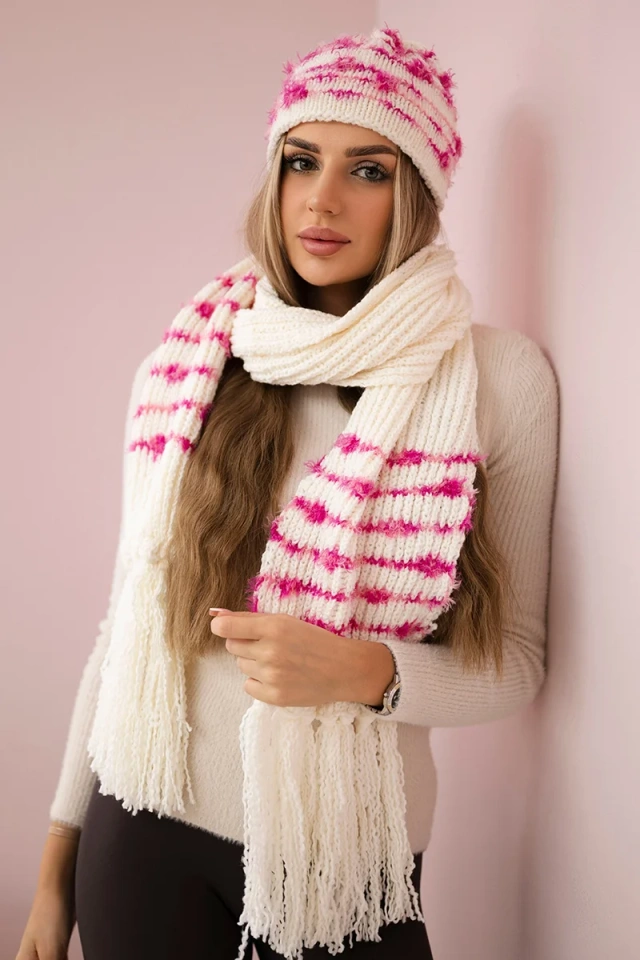 Women's set with a shawl Anika K304 ecru + fuchsia
