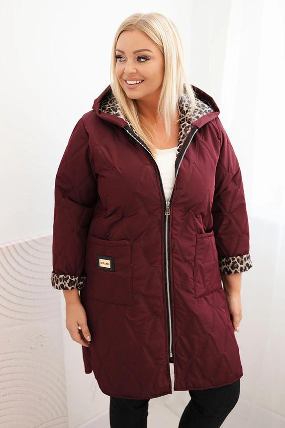 Moteriška pūsta striukė Plus Size su leopardiniu pamušalu ir gobtuvu bordo