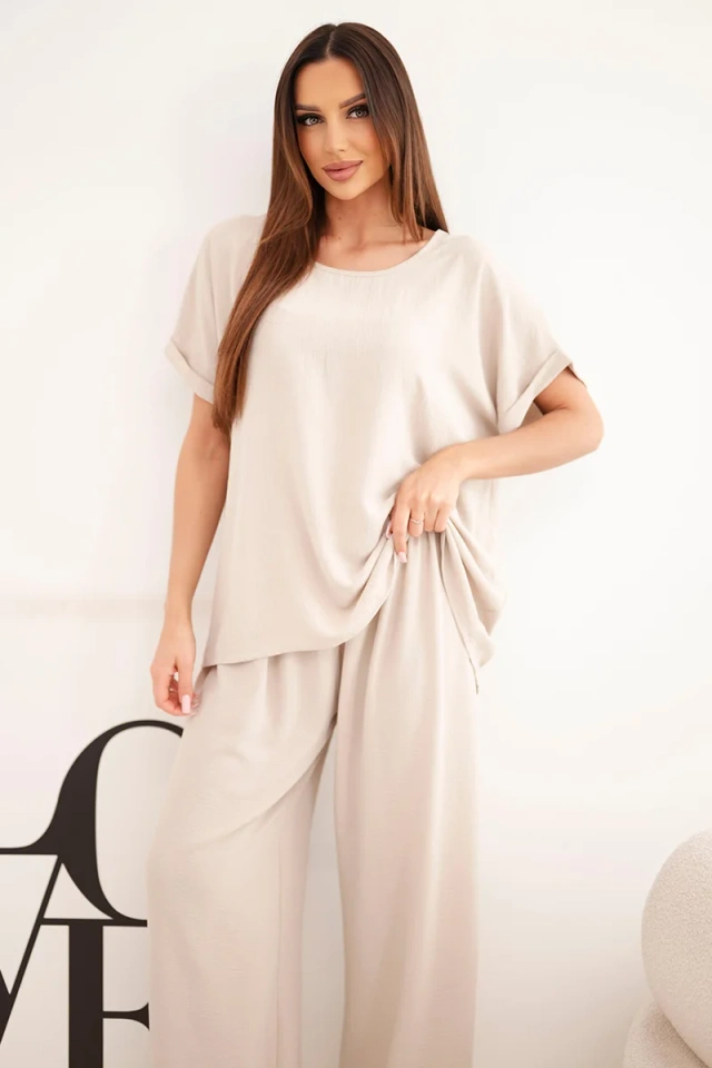 Moteriškas komplektas Plus Size palaidinė ir kelnės su plačiomis kojomis smėlio spalvos