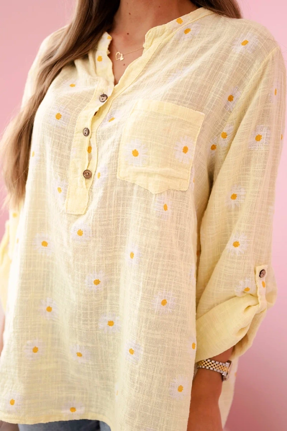 Linen Women's Blouse with Floral Pattern, Long Sleeves, and Buttons Yellow