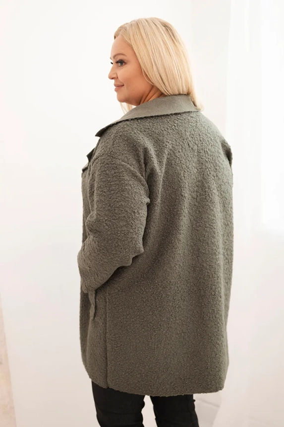 Dámský kabát Plus Size beránek s vlnou a kapsami světlá khaki
