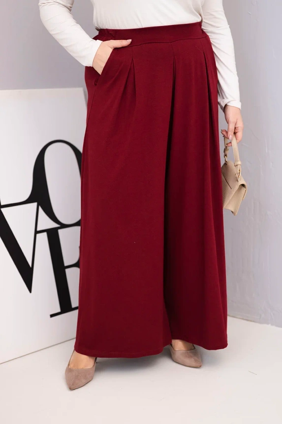 Plus Size women's cotton pants with wide legs and a loose fit burgundy
