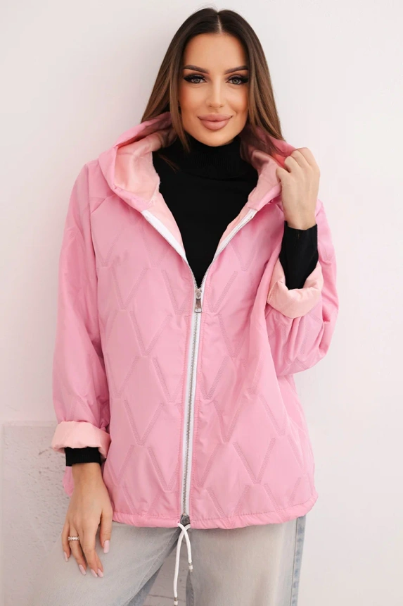 Women's spring quilted jacket with a hood and zipper light pink