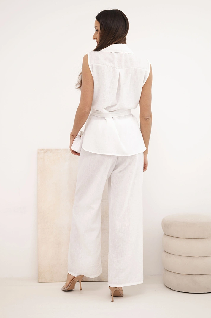 Damen-Set mit gebundener Bluse und weiten Hosen ecru