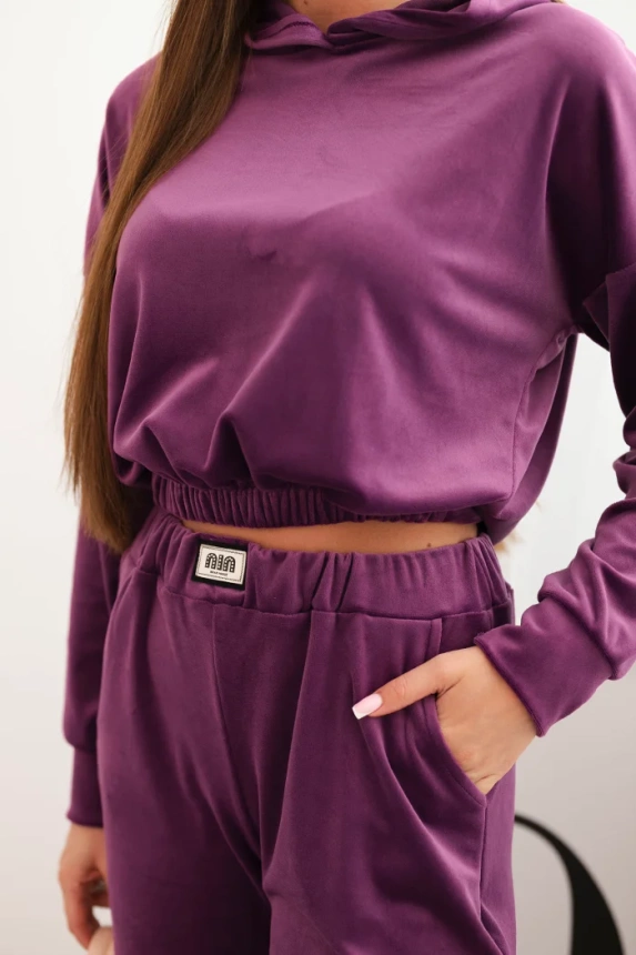 Women's velour tracksuit with wide legs and a hooded sweatshirt dark purple