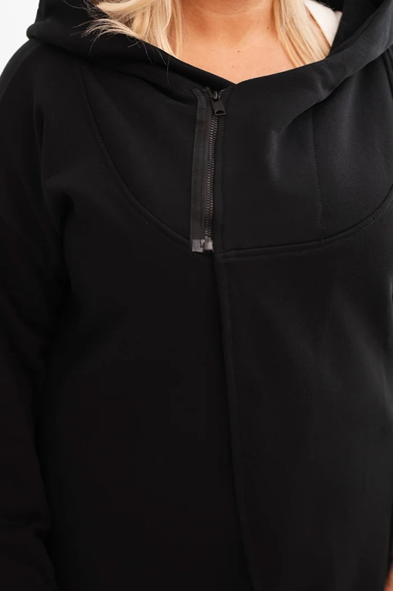 Dámská mikina Plus Size zateplená s kapucí a asymetrickým zipem černá