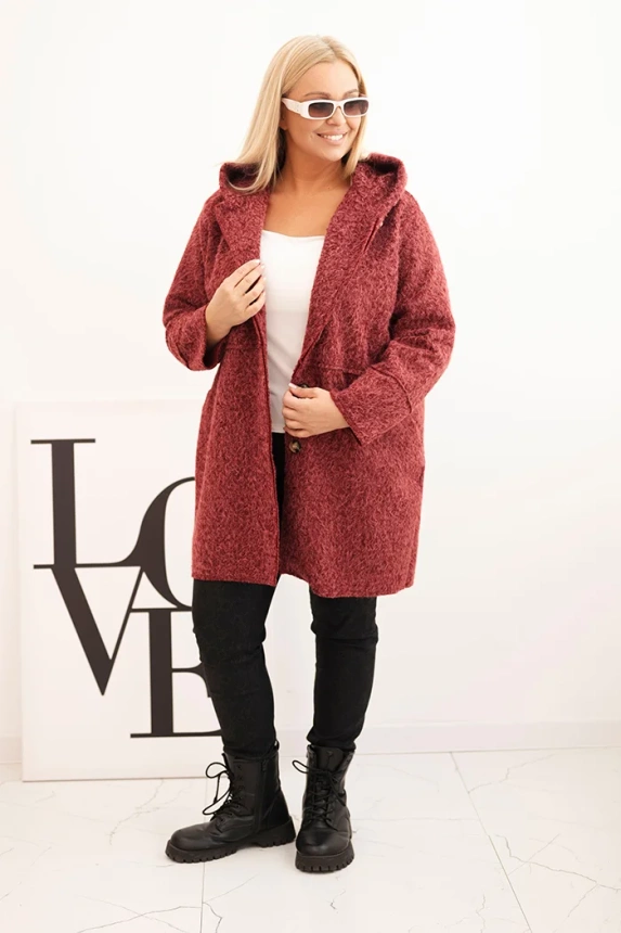 Płaszcz damski Plus Size z kapturem i kieszeniami bordowy