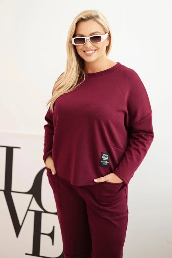 Komplet dámsky Plus Size maslová mikina a nohavice s vreckami slivkový
