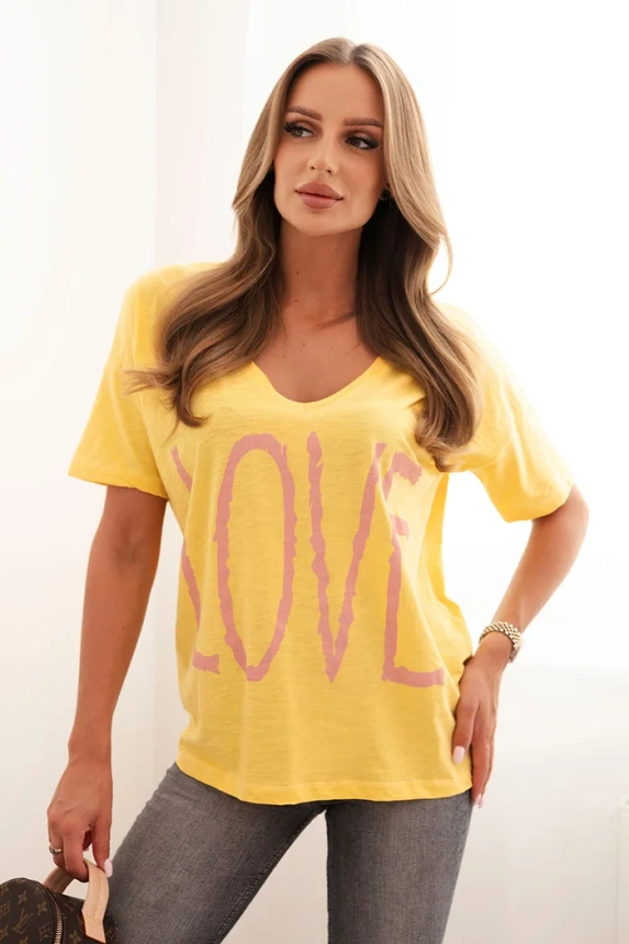Women's cotton blouse with a V-neck and LOVE print yellow