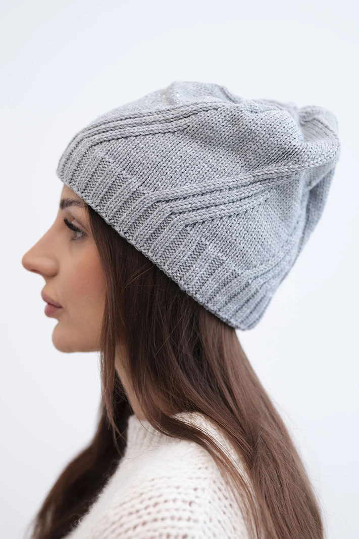 Women's wool winter hat with a geometric pattern and subtle shine K401 light gray