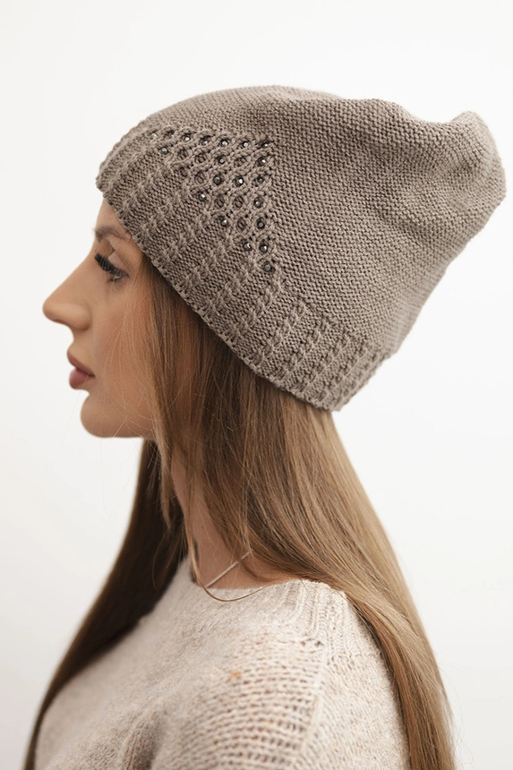Women's winter wool cap with decorative knit and studs K449 mocha