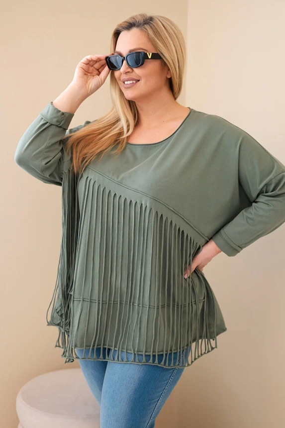 Dámska bavlnená blúzka Plus Size s třásňami khaki