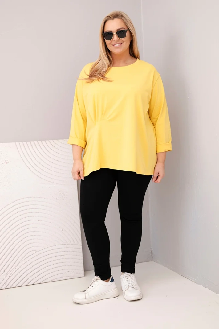 Damenbluse Plus Size aus Baumwolle mit langen Ärmeln und Raffung gelb