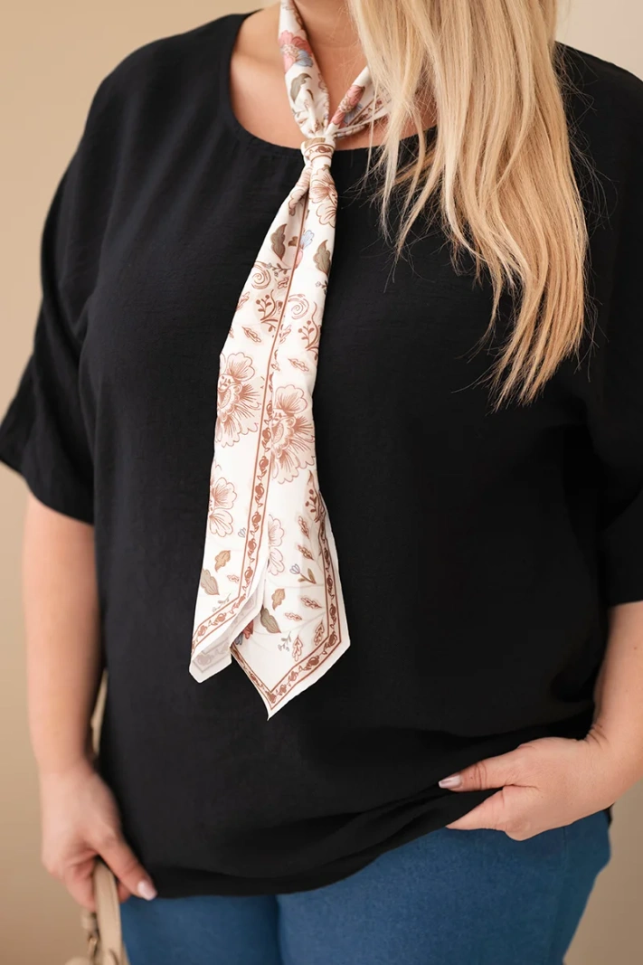 Women's viscose plus-size blouse with short sleeves and decorative scarf black