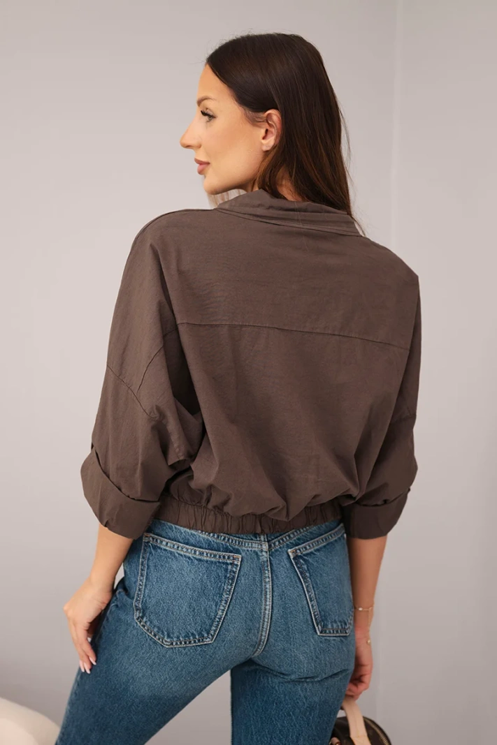 Women's spring cotton jacket with pockets and drawstring brown