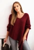 Dámský asymetrický svetr z vlny Plus Size s výstřihem do V bordový