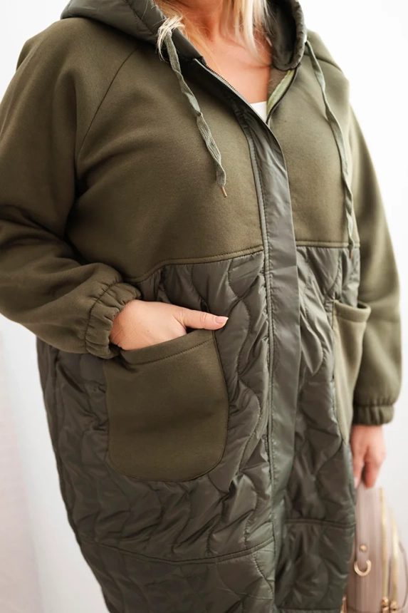 Damska pamušalinė striukė Plus Size su gobtuvu ir didelėmis kišenėmis khaki