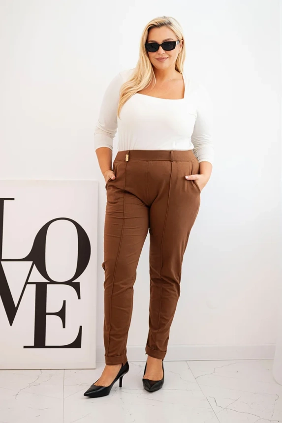 Spodnie damskie bawełniane Plus Size z elastycznym pasem camelowe