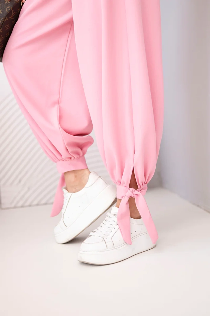 Women's wide-leg pants with ties at the bottom light pink