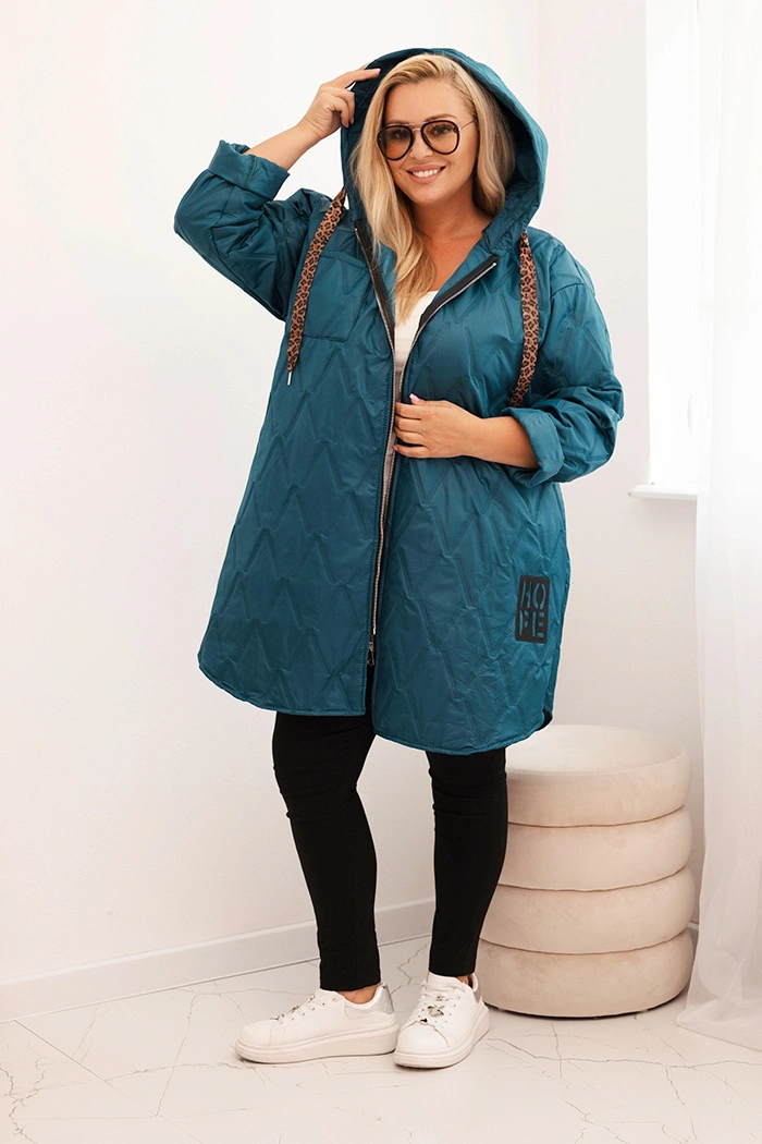Kurtka damska Plus Size pikowana z kapturem i napisem HOPE morska