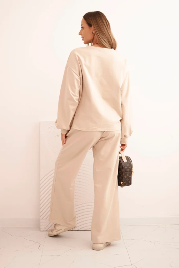 Women's cotton set with wide legs and long-sleeve sweatshirt beige